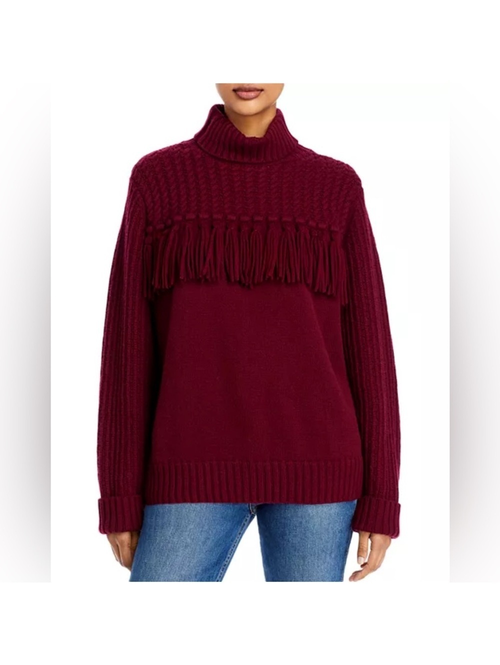 Jason Wu Fringe Turtleneck Sweater in Wine Red, NWT, Size XS